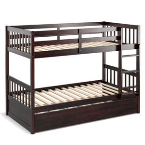 Twin Over Twin Bunk Bed with Pull-out Trundle and Ladder-Espresso - Color: Espresso - Size: Twin Si D681-HU10398ES+