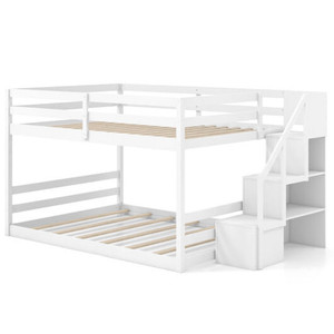 Solid Wood Full Over Full Low Bunk Bed with Storage Stairs-White - Color: White D681-HU10920WH+