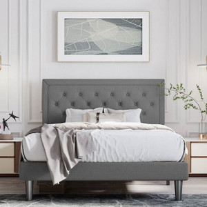 King Size Dark Grey Linen Upholstered Platform Bed with Button-Tufted Headboard Q280-KIDG2799
