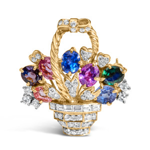 18K Yellow Gold 1 1/10 Cttw Diamond and Mixed Gemstone Floral Bouquet Pendant and Brooch Pin (G-H C N162-022521NM48
