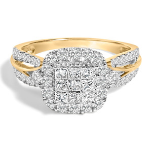 10K Yellow Gold 1.0 Cttw Diamond Composite Cushion-Shape Halo 3-Band-Look Engagement Ring (H-I Colo N162-015503R700