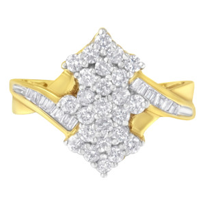 10K Yellow Gold Round And Baguette Cut Diamond Cluster Ring (1 1/10 Cttw, H-I Color, SI2-I1 Clarity N162-015825R800