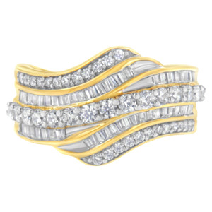 10K Yellow Gold 1.0 Cttw Baguette and Round Diamond Multi-Row Wave Bypass Ring ( Color, Clarity) -  N162-016566R900
