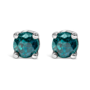 .925 Sterling Silver 0.15 Cttw Round Brilliant-Cut Blue Diamond Classic 4-Prong Stud Earrings (Fanc N162-70-4594WBD