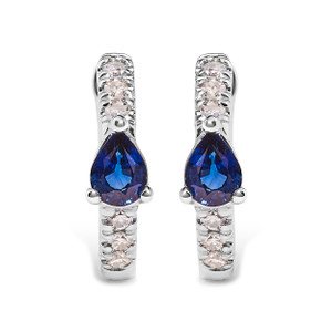 10K White Gold Pear Shaped Blue Sapphire and 1/10 Cttw Diamond Huggy Hoop Earrings (H-I Color, I1-I N162-021114EASH