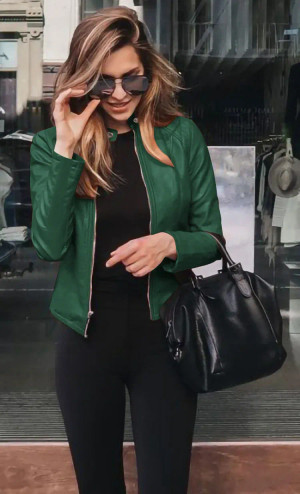 Color: green, Size: XL - Womens Spring Full Long Sleeve Jacket Coat Autumn Leather Blazer Winter Zi F640-12000042770972295