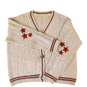 Color: Red, Size: S - Vintage Embroidery Star Loose Sweaters for Women Long Sleeve Single Breasted  F640-12000042540294333