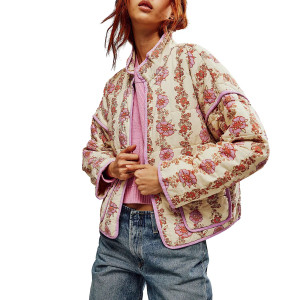 Color: SKY BLUE, Size: L - Combhasaki Women's Autumn Vintage Y2K Floral Print Quilted Cardigan Park F640-12000041705076183