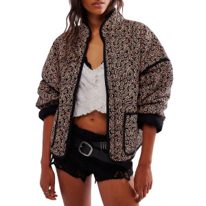 Color: army green, Size: L - Combhasaki Women's Autumn Vintage Y2K Floral Print Quilted Cardigan Pa F640-12000041705076198