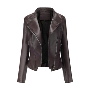 Color: Brown, Size: XL - PU Lapel Women Slim-fit Leather Coat Women Q119-CJYD210764856DW