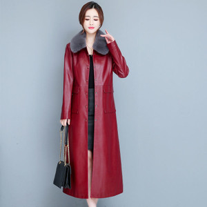 Color: Red wine fur collar, Size: XL - Ladies Fashion Thin Leather Trench Coat Coat Q119-CJZP160345357EV
