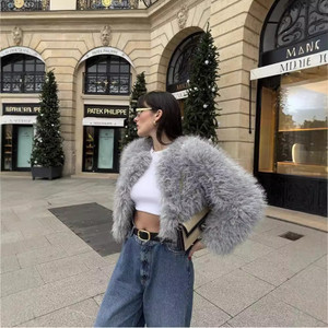 Wool Light Gray Round Neck French Artificial Fur Short Coat Q119-CJYD2238257