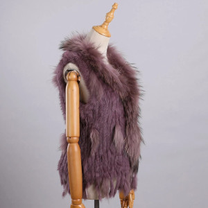 Color: Lavender, Size: L - Luxury Women's Genuine Premium Long Hair Rabbit Fur Knit Vest Raccoon Fu F640-12000038456018666
