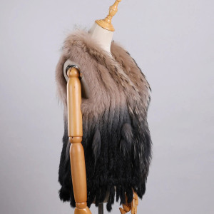 Color: Khaki, Size: L - Luxury Women's Genuine Premium Long Hair Rabbit Fur Knit Vest Raccoon Fur T F640-12000038456018646