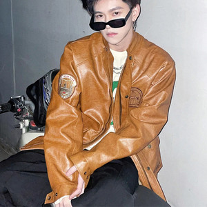 Men's Design Sense Of Brown Motorcycle Leather Jacket Q119-CJJK1622261