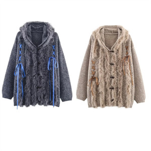 Cool Strap Decorative Hoodie Horn Button Knitted Coat Q119-CJMY2569791