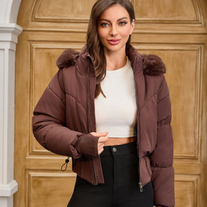Women's Waist-tight Big Fur Collar Hooded Short Cotton Jacket Q119-CJJK2558900