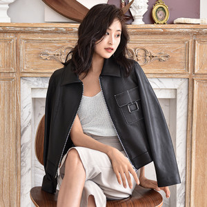 Color: Black, Size: XXL - Women's leather jacket Q119-CJNSWTJK00429-Black-XXL