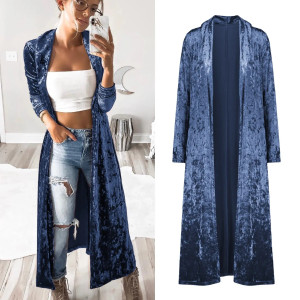 Color: Blue, Size: L - 2024 Long Velvet Kimono Cardigan Windbreaker Women Jacket Pure Color Fashion F640-12000043306215597
