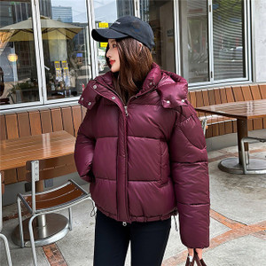 Color: Wine Red, Size: S - Elegant Fluffy Hooded Cotton Jacket Puffer Jacket Coat Warm Commute Q119-CJJK254595330DW