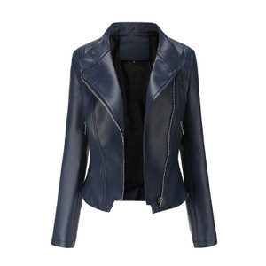 Color: Dark Blue, Size: EU XL - PU Lapel Women Slim-fit Leather Coat Women Q119-CJYD210764824XC