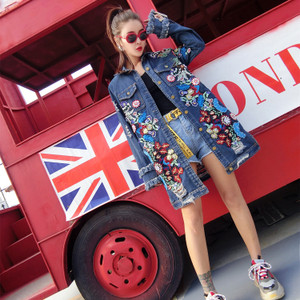 Machine Embroidery Ripped Mid-length Street Denim Coat Q119-CJYD2008426