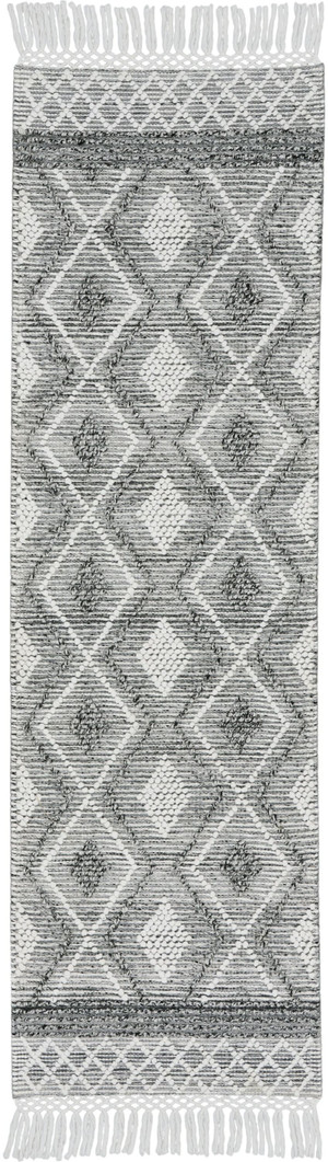 8' Gray and Ivory Geometric Hand Woven Runner Rug With Fringe N270-533378