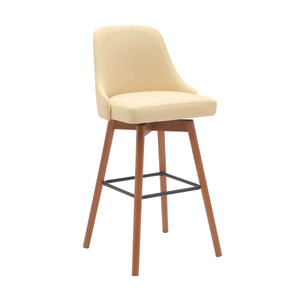 30" Cream and Wood Brown Faux Leather with Solid Wood Swivel Bar Height Bar Chair N270-534484