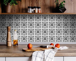 4" X 4" Charcoal And White Scroll Peel And Stick Removable Tiles N270-390868