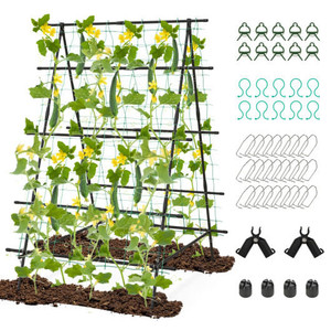 A-Frame Garden Cucumber Trellis with Netting for Climbing Plants Outdoor-Black B593-GT4171