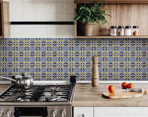 6" X 6" Blue and Yellow Links Peel And Stick Tiles N270-400092