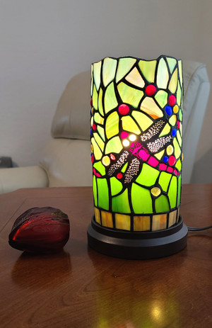 11" Green and Pink Dragonfly Stained Glass Accent Lamp N270-478106