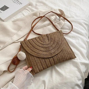 Color: Brown - Handmade Straw Beach Shoulder Crossbody Bag Girls Envelope Woven Summer Small Hair B F640-12000038240757859