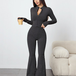 Zippered Ribbed Long-sleeve Flared Pants Yoga Set Q119-CJDK2672293