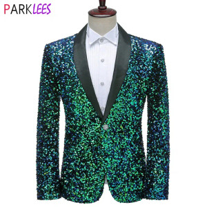 Color: Brown, Size: L - Shiny Green Sequins Bling Glitter Blazer Men 2023 Shawl Collar One Button T F640-12000027274979542