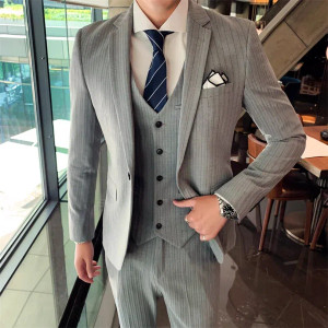 Color: green, Size: M - Gray Men Classic Striped/Checked Suits, Business Office 3 Piece, Asian Size F640-12000042022812141
