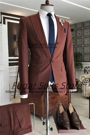 Color: Blue, Size: L - Wine Red Stripe Wedding Suits For Men Slim Fit Peak Lapel Groom Party Tuxedo F640-12000045442375089