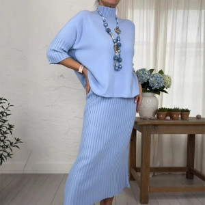 Womens Solid-Color Elegant High-Neck Knitted Sweater And Skirt Two-Piece Set Q119-CJLS2653632