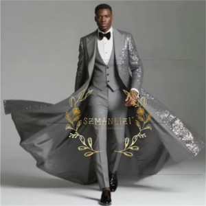 Color: GRAY, Size: 4XL - Burgundy Shiny Sequin Suits Men 3 Pieces Sets Single Breasted Groom Long B F640-12000050859794367