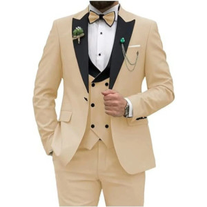 Color: Champagne, Size: XXS - Men Suit Colorful Luxury Blazer Vest And Pant Sets 3 Piece Birthday D F640-12000042434130477
