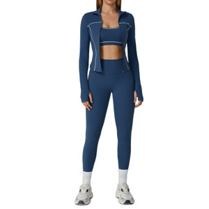 Color: Dark Blue, Size: M-Three Piece Set, Specifications:  - Zipper Slim Fit Yoga Health Sports Th Q119-CJDK256384243QJ