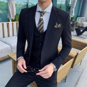 Color: black, Size: M - Gray Men Classic Striped/Checked Suits, Business Office 3 Piece, Asian Size F640-12000042022812148