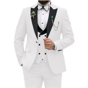 Color: WHITE, Size: S - Men Suit Colorful Luxury Blazer Vest And Pant Sets 3 Piece Birthday Dress B F640-12000042434130587
