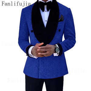 Color: ROYAL BLUE, Size: XXL - Fanlifujia Luxury Red Glitter Suits Men Groom Wedding Tuxedo Double  F640-12000034680996106