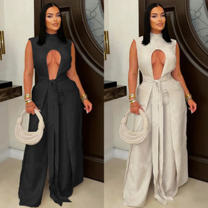 Fashion Women's Wear Sexy Solid Color Lace-up Sleeveless Trousers Suit Q119-CJLS2574499