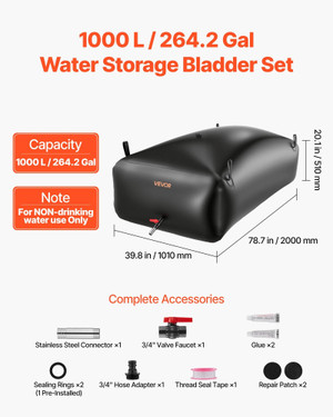 Water Storage Bladder, 264.2 Gal Collapsible Water Storage Bag, Wear-Resistant 1000D PVC Soft Water E415-CSDHSPVCB100YFP48003V0