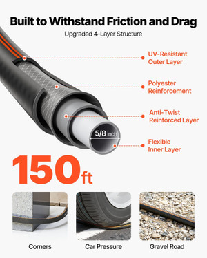 Garden Hose, 150 ft 5/8" Heavy Duty Rubber Water Hose with 10 Mode Nozzle, 150PSI Working & 600PSI  E415-HHJHWTYRG150K2VDH001V0