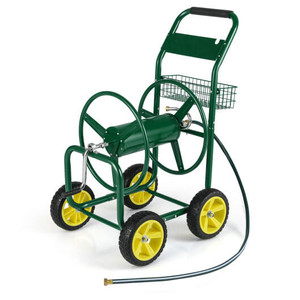 Garden Hose Reel Cart Metal Hose Cart with 4 Wheels and Storage Basket-Green B593-GT4364