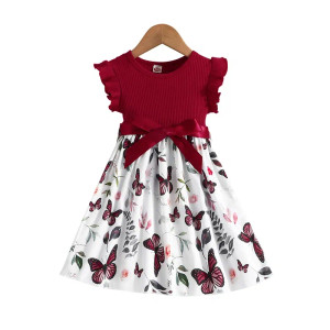 Color: Red, Kid Size: 7T - Set For Kids  Girl 3-7 Years old Ruffled Sleeve Butterfly Floral Tulle C F640-12000038266976051