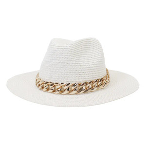 Color: WHITE, Size: L - Fashion Gold Chain Belt Panama Straw Hats For Women Summer Breathable Beach F640-12000029396401453